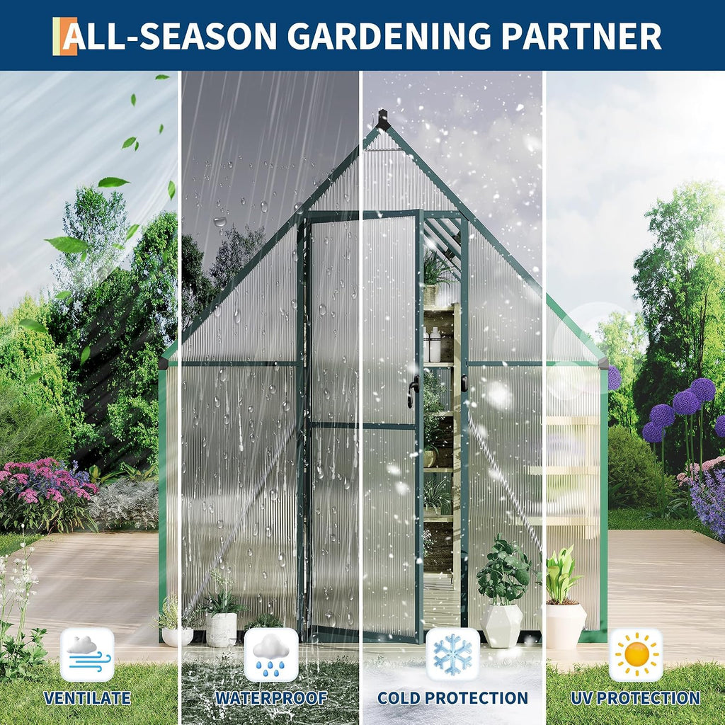 6 x 9 ft Outdoor Polycarbonate Greenhouse Kit, Heavy Duty Greenhouse with Reinforced Aluminum Frame, Adjustable Roof