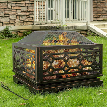 Outdoor Fire Pit, 26 Inch Wood Burning Firepit for Outside with Mesh Cover & Fire Poker, Large Square Metal Fireplace