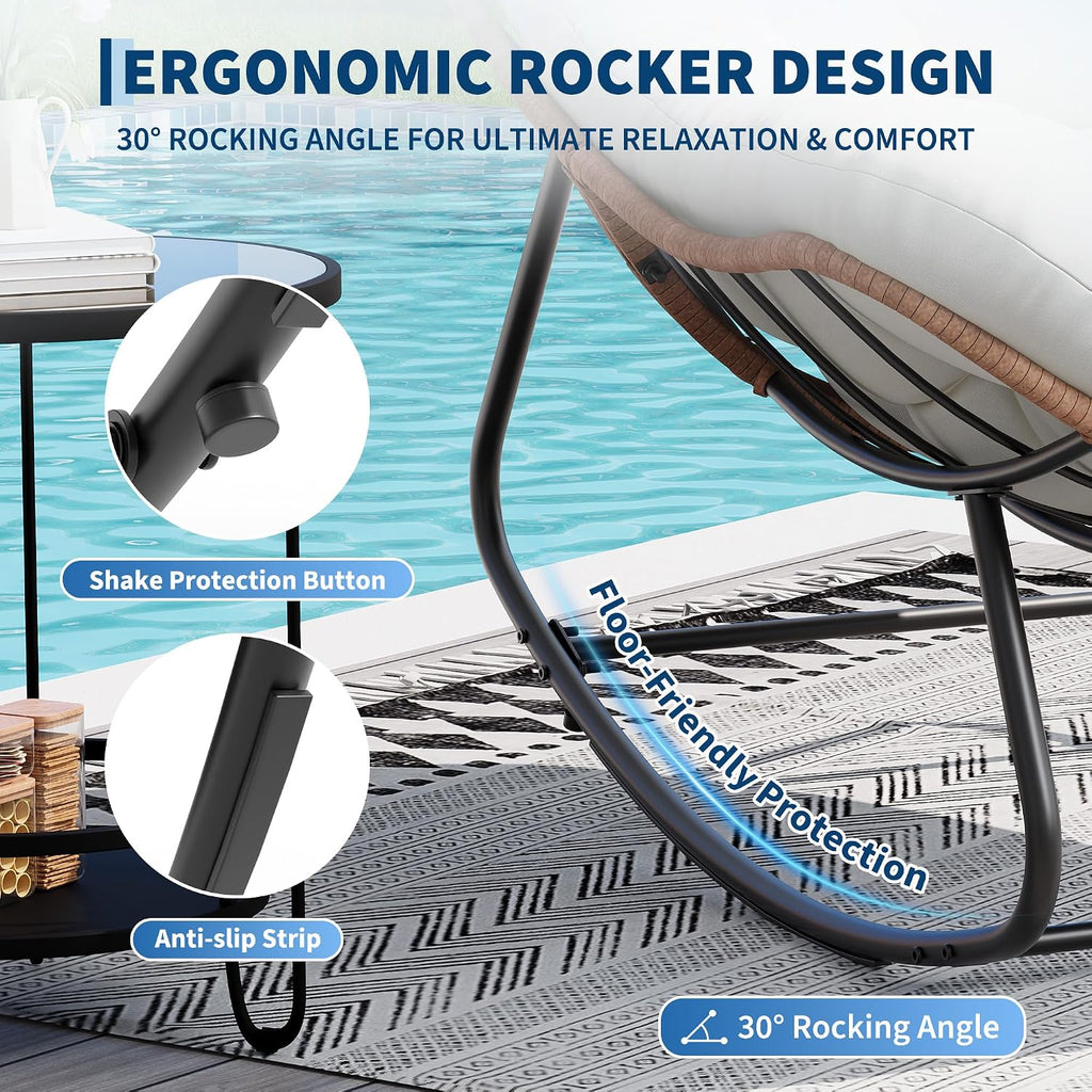 Outdoor Rocking Chair, Oversized Papasan Chair with Cushion | Metal & PE Rattan Frame, 400LBS Capacity, Ideal