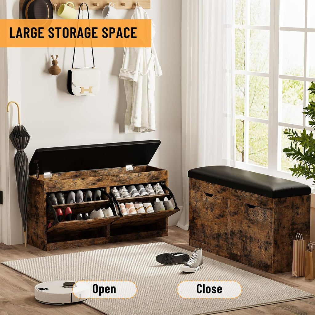 40" Shoe Storage Bench with 2 Flip Drawers & Padded Seat Cushion, Shoe Cabinet with Lift Top Storage Box, Shoe Bench
