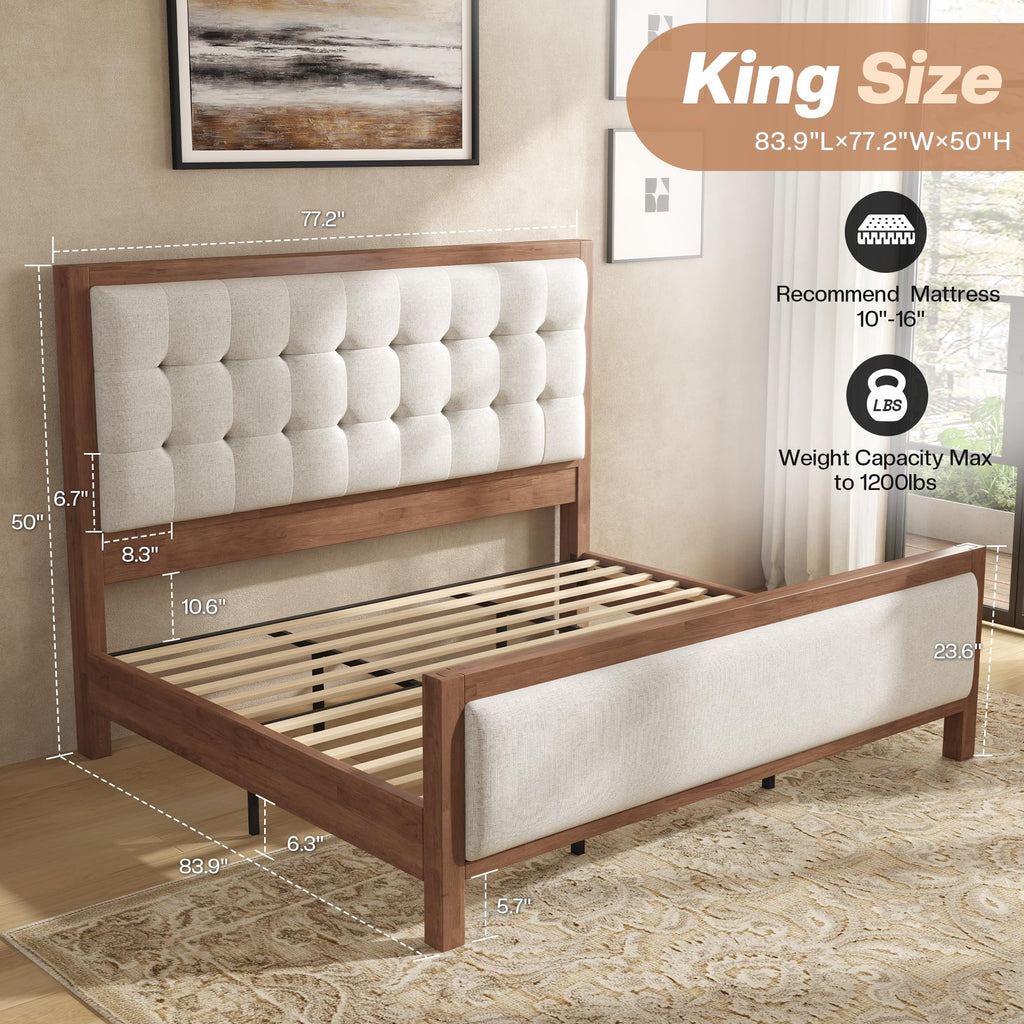 King Solid Wood Bed Frame 50" Tall Headboard&Footboard, Walnut