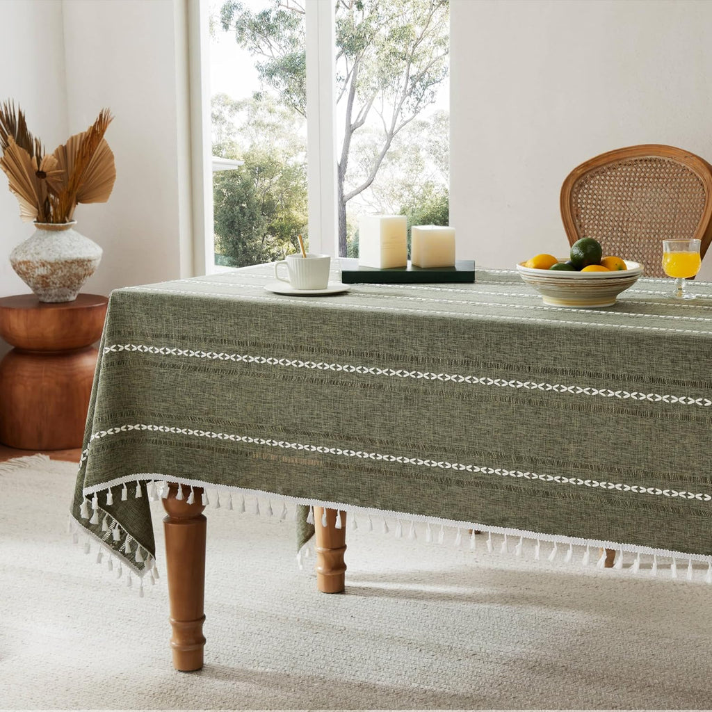 Hemstitched Embroidery Striped Boho Tablecloth 54x70 Inch Olive, Heavy Weight Farmhouse Burlap Linen Green Tablecloth