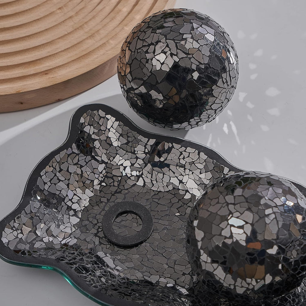 12.4" Mosaic Glass Decorative Tray Dish Plate with 3pcs 3" Decorative Orbs Balls Sphere Decor or Dining Table Coffee