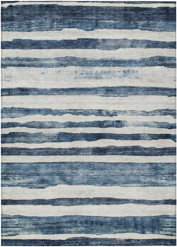 3' X 5' Denim Blue and Gray Striped Washable Indoor Outdoor Area Rug