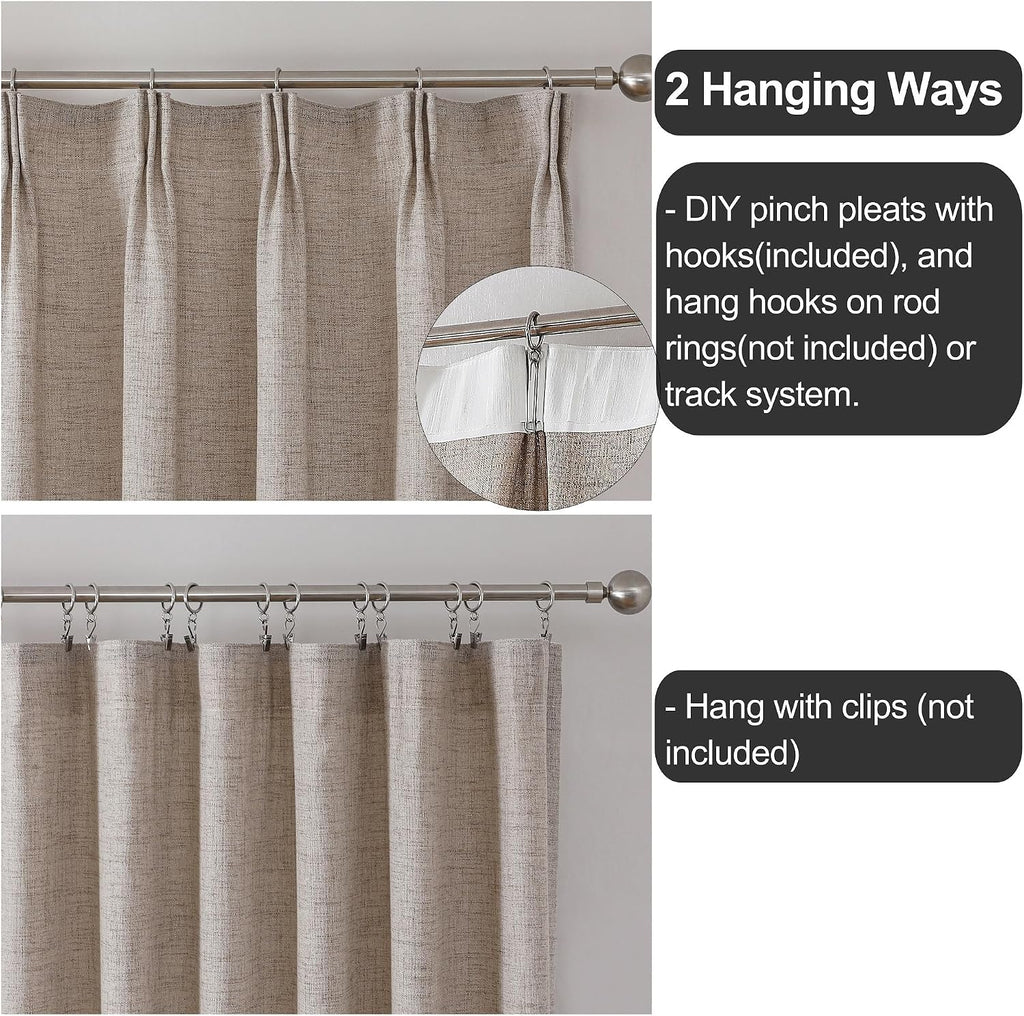 Taupe Flax Linen Pinch Pleat Curtains Drapes 2 Panel Thick| Semi Sheers Light Filtering Curtain