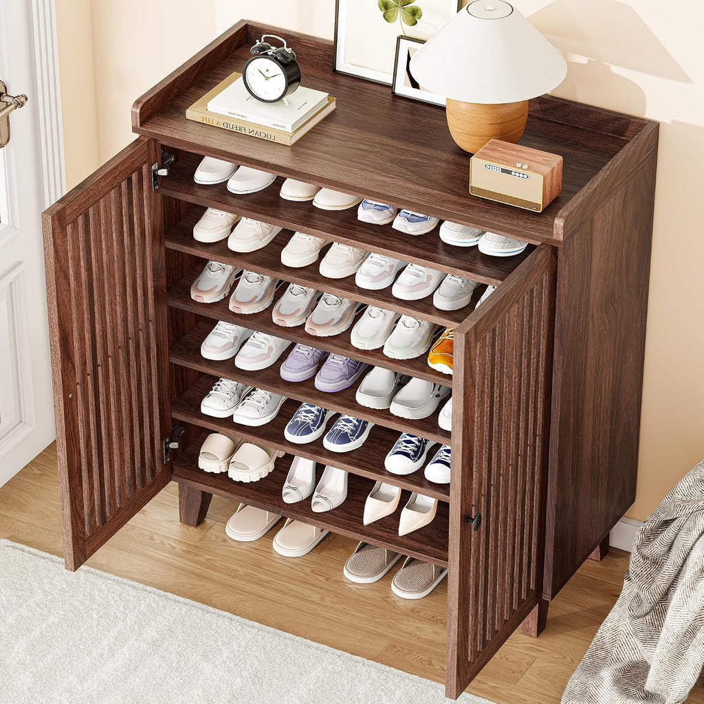 Shoe Cabinet with Slatted Doors, 6-Tier Shoe Storage Cabinet with Adjustable Shelves, Wooden Shoe Rack Organizer