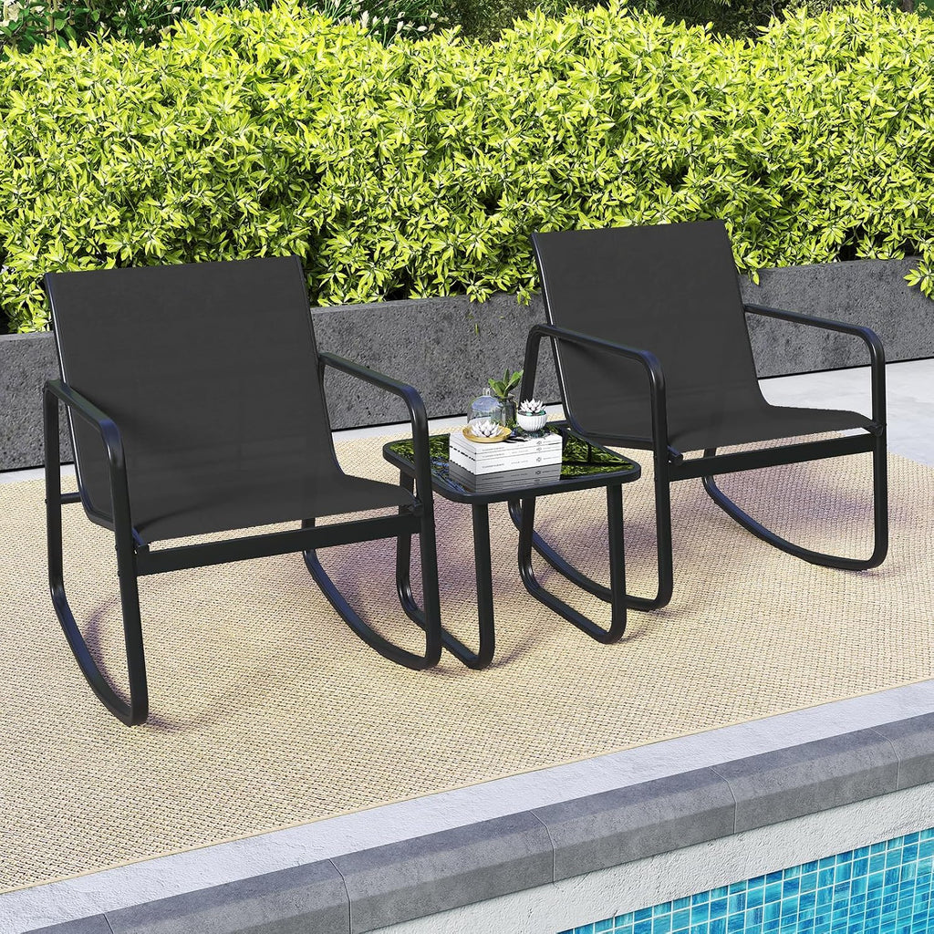 3 Piece Rocking Bistro Set, Patio Furniture Set with 2 Rocking Chairs & Glass-Top Coffee Table, Outdoor Rocker Chair