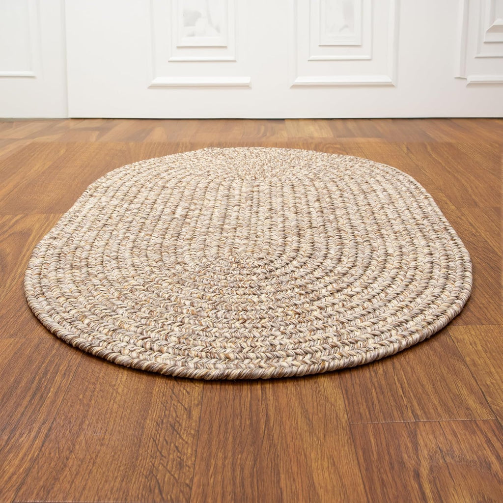 Rustic Farmhouse Living Indoor/Outdoor Reversible Braided Rug - Made in USA - Beige Mix 2' X 3' Oval
