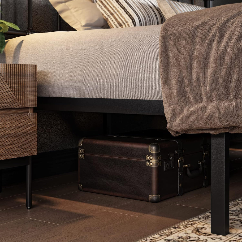 Full Metal Platform Bed Frame with Victorian Style Wrought Iron-Art Headboard/Footboard, No Box Spring Required, Black