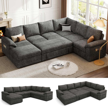 108 Inch Sectional Sleeper Sofa with Pull Out Bed, U Shaped 7 Seat Modular Sectional Sofa with Storage