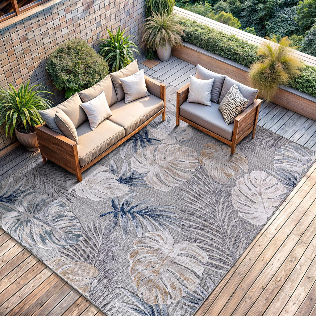 Indoor Outdoor Rug, Blue 5x7 Leaf Tropical Botanical Area Rugs