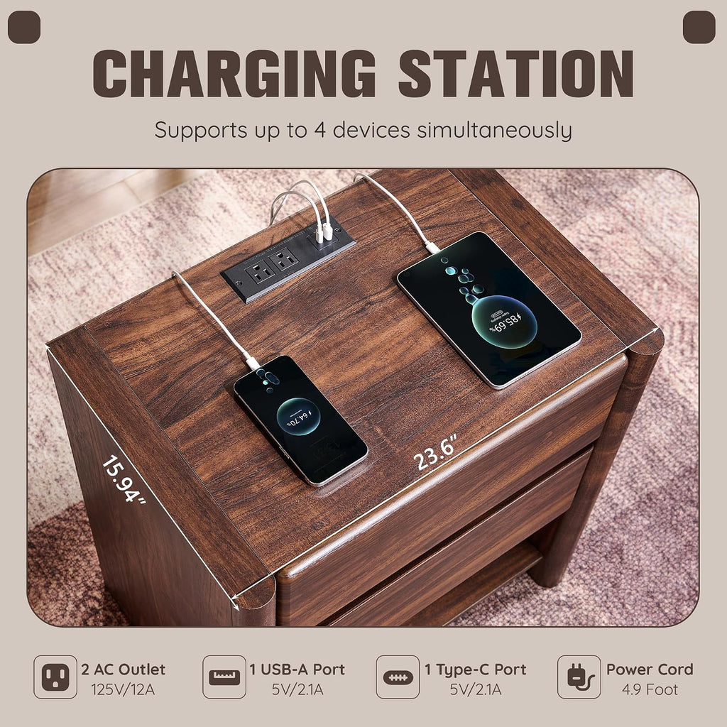 25" Tall Modern Nightstand Set of 2, 23.6" W Night Stand with Charging Station & 2 Storage Drawers & Open Shelf, Wood