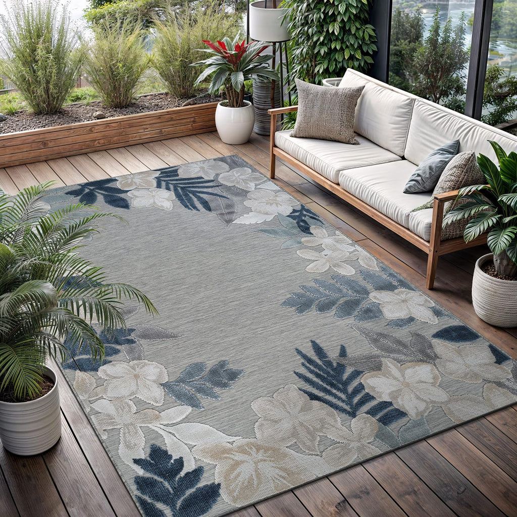 Outdoor Rug 5x7 Washable Area Rugs Indoor Outdoor Carpets Blue Border Floral Non Shedding Waterproof