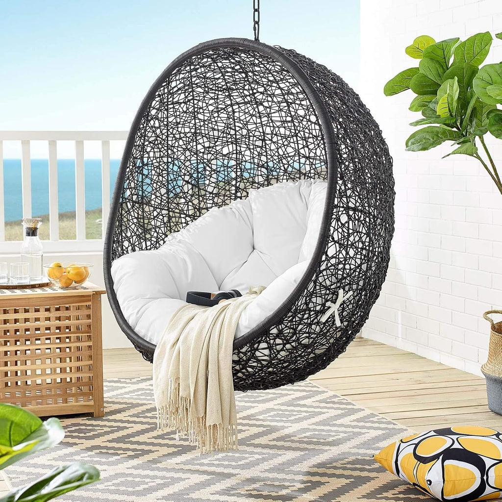 Encase Wicker Rattan Outdoor Patio Porch Lounge Egg Swing Chair with Stand in White