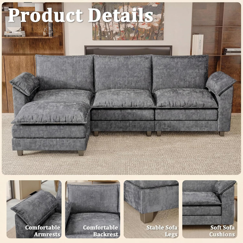 118.9" Modular Sectional Cloud Couch 3-Seat Sofa Set with Movable Ottoman, L Shaped Sofa Couch with Deep Seat