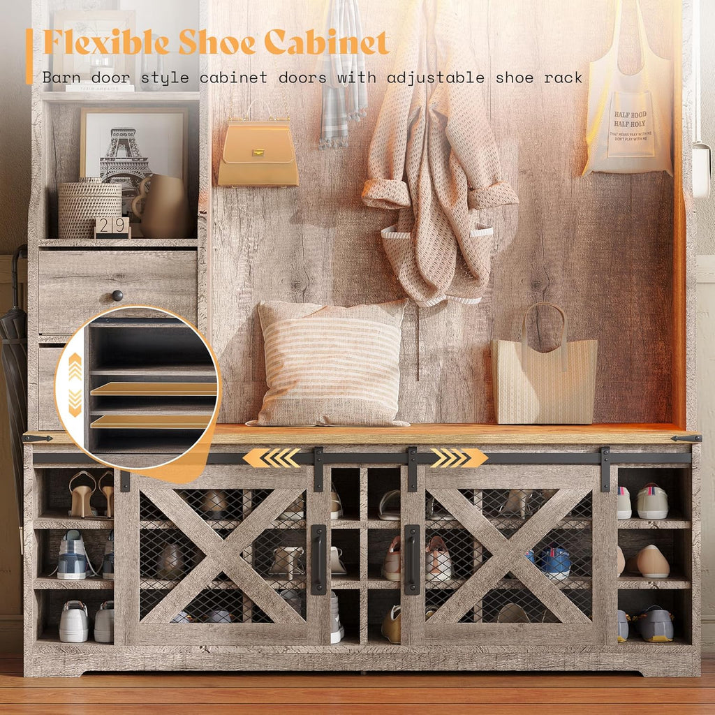 75"H 7-in-1 Farmhouse Hall Tree with Bench and shoe storage, LED Entryway Bench with Coat Rack, 12 Shoe Cubbies, 2