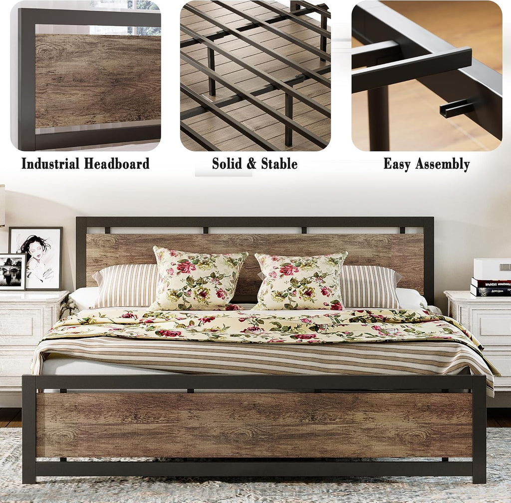 King Bed Frame with Headboard and Footboard, Metal Strong Supports, Easy Assembly, Noise-Free, No Box Spring Needed