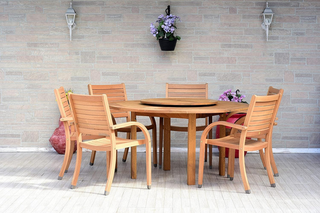 Powell 7-Piece Wood Patio Dining Set | Round Eucalyptus Table with Lazy Susan | Ideal for Outdoors