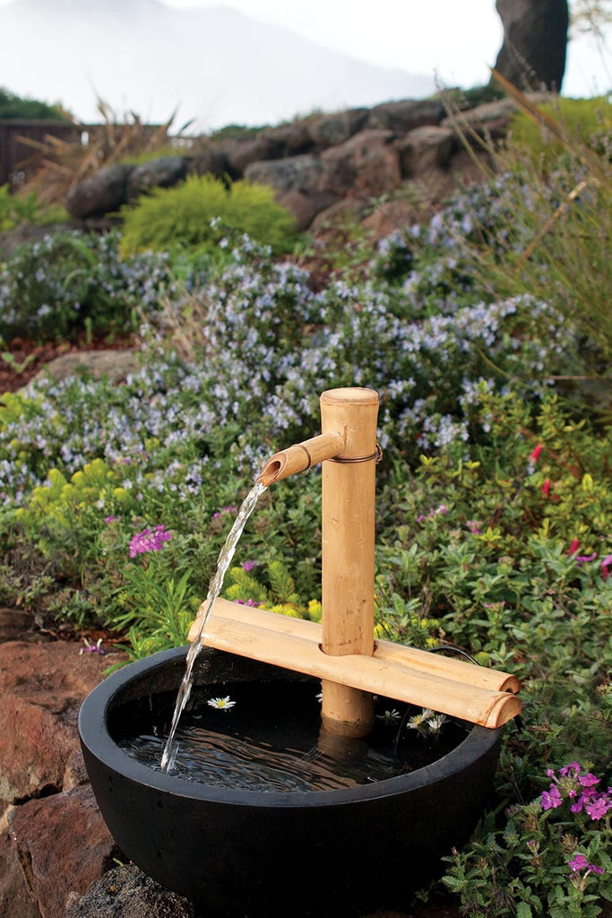 12" Adjustable Bamboo Fountain Kit with Pump - Classic Zen Water Feature for Bowls, Basins, Water Gardens & Patio