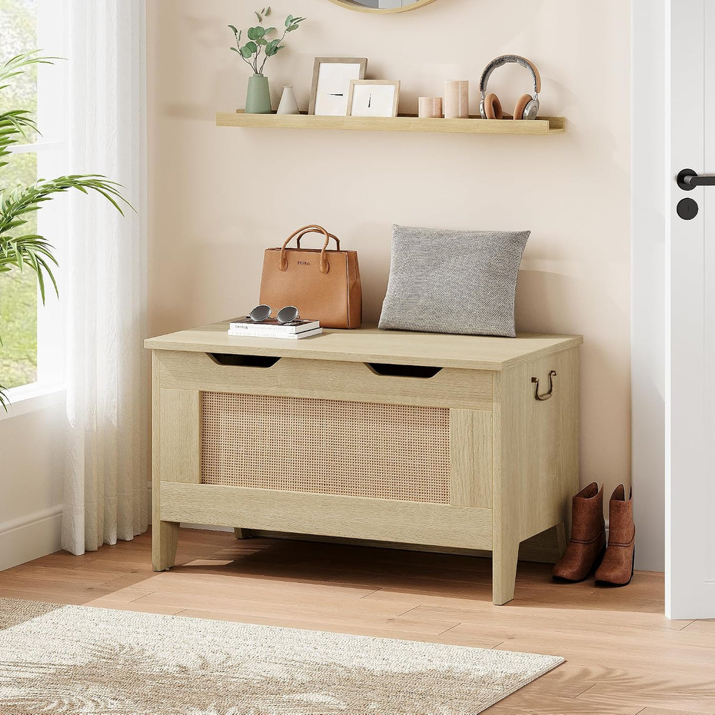 Farmhouse Storage Bench with Seat, 39.4" Wooden Storage Chest with Lid and Safety Hinge, Blanket and Shoe Organizer