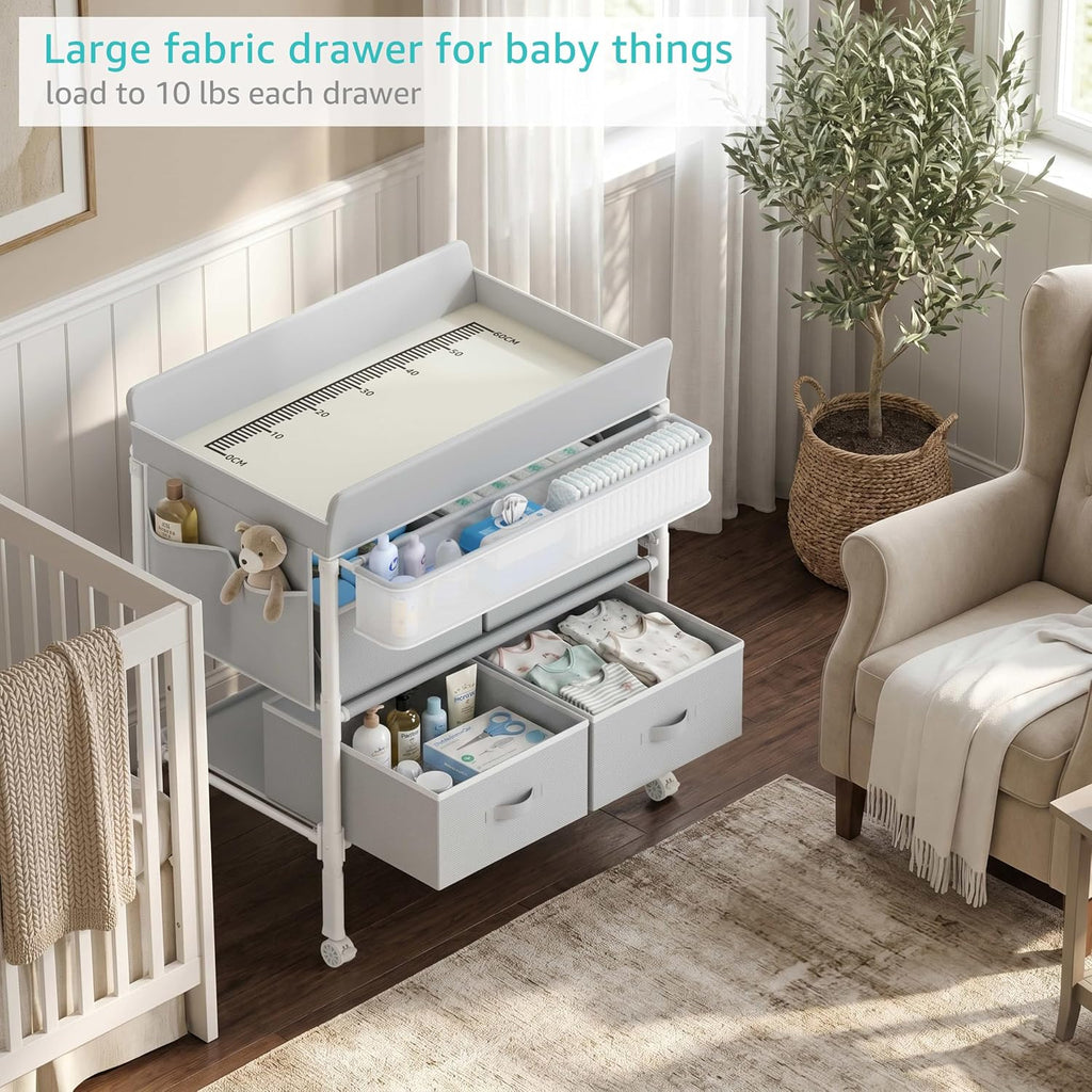 Baby Changing Table with 4 Drawers, Waterproof Diaper Changing Station with Storage, Adjustable Height Baby Changing