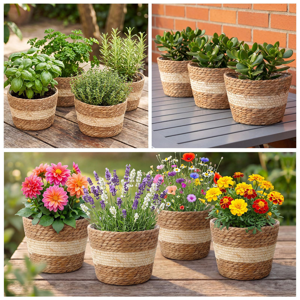 4 Pcs Straw Plant Baskets Indoor Rattan Woven Flower Baskets with Plastic Liner, Cattail Plant Planter for Indoor