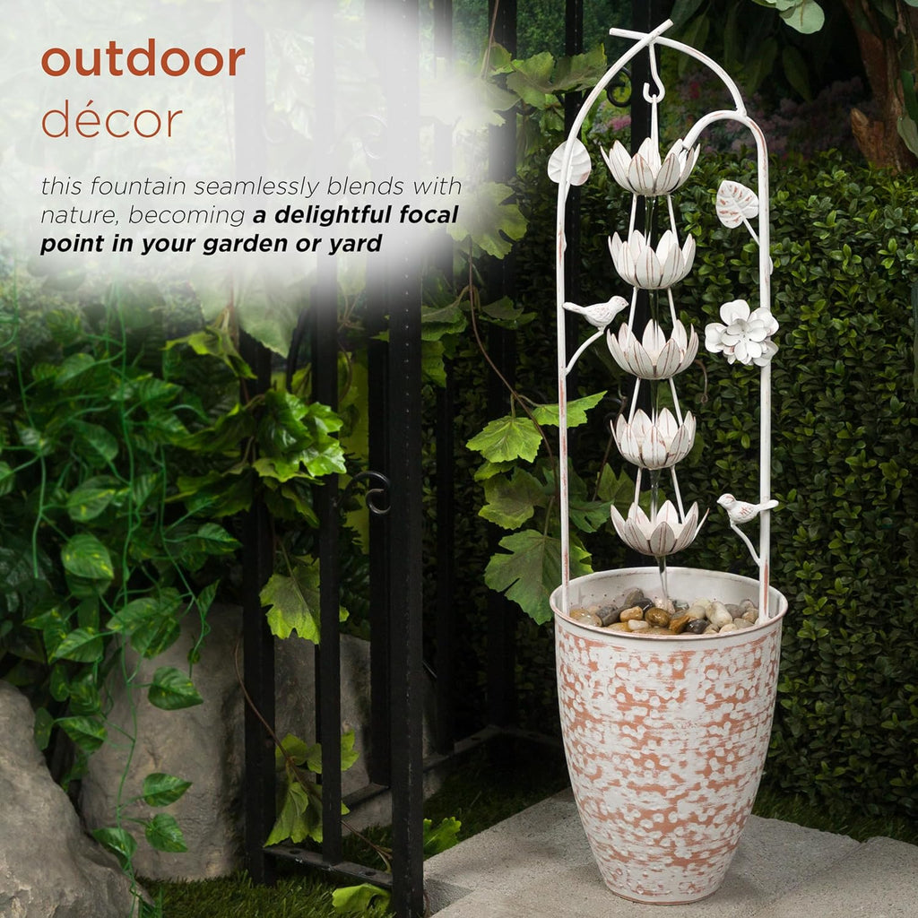 30" Tall Metal Rustic Water Fountain with Decorative Flower, Cascading Waterfall Feature for Gardens, Patios