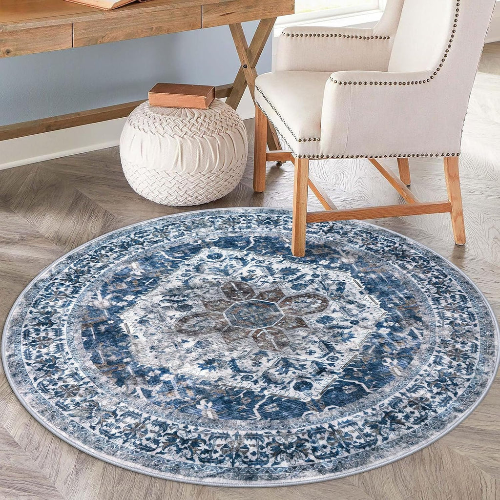 Round Rug 6 Ft Rugs Washable Circle Rug Non Slip Round Living Room Rugs Printed Faux Wool Vintage Round Dining Room