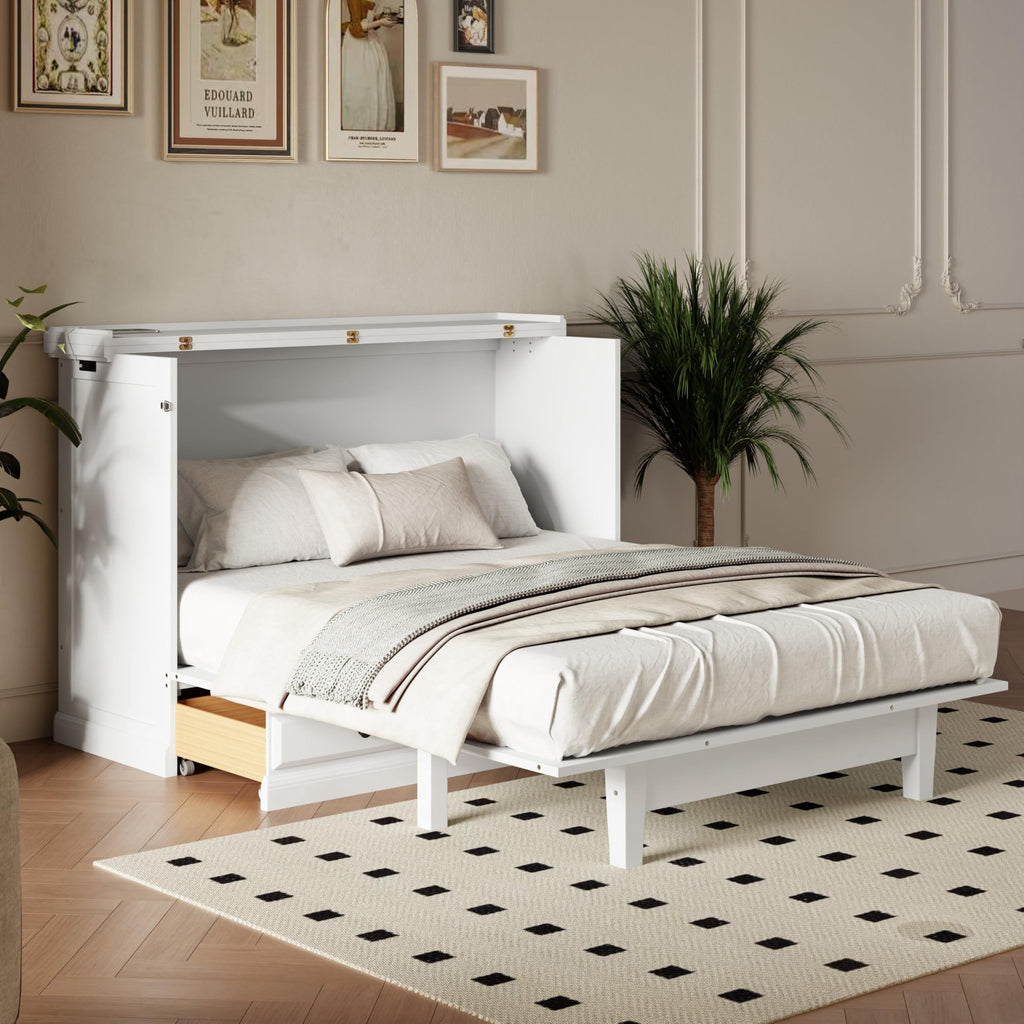 Full Size Murphy Bed, Solid Pine Wood Farmhouse Full Murphy Bed Frame Chest Cube Cabinet with Charging Station and
