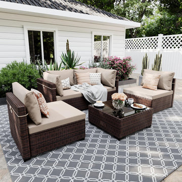 5-Piece Wicker Patio Furniture Set with Coffee Table, Beige | Outdoor sectional sofa set, patio conversation set for