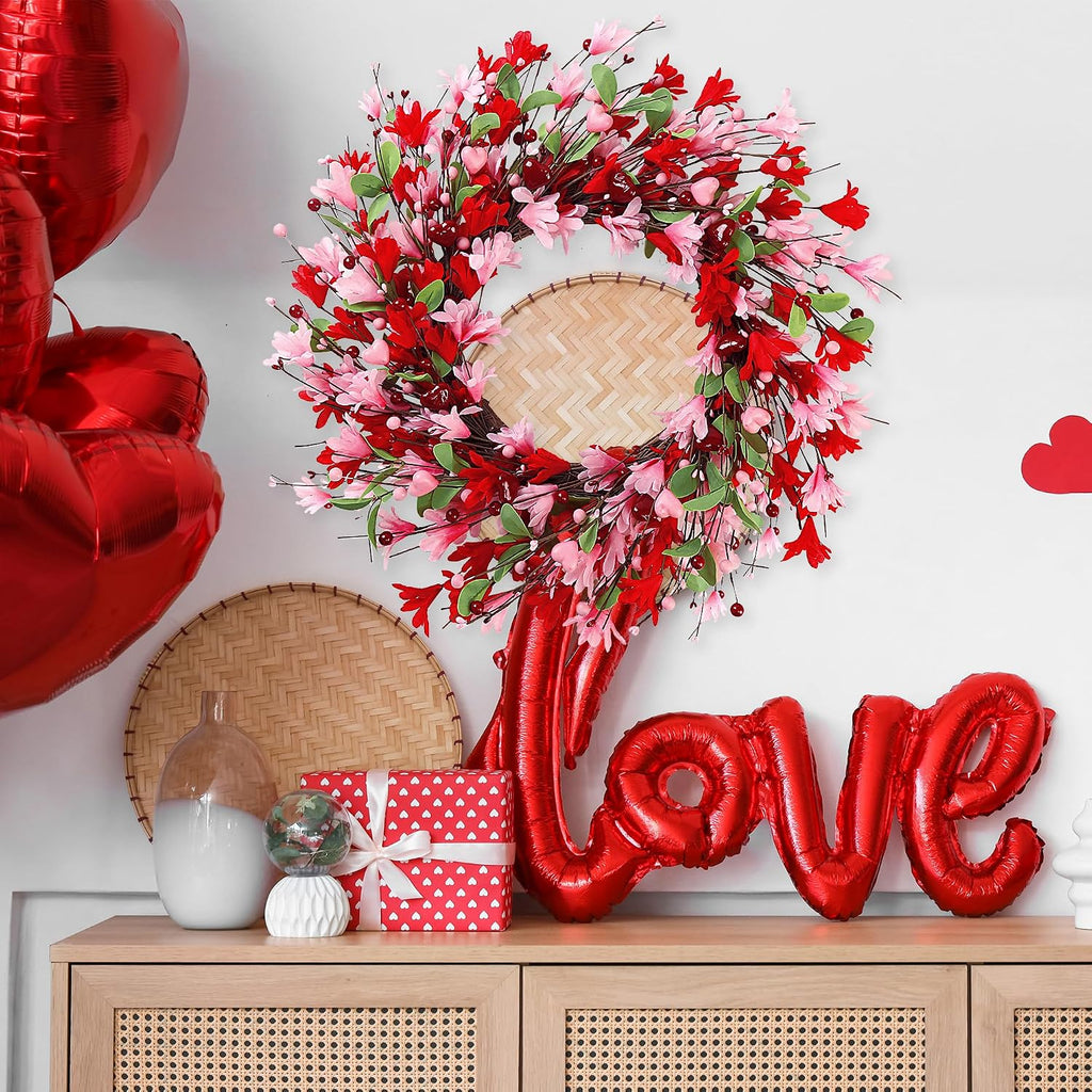 20in Valentine's Day Wreath Artificial Pink Red Forsythia Spring Summer Fake Silk Wreath with Heart Berries Green