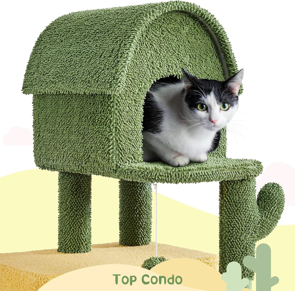68.5in Tall Cactus Cat Tree, Multi-Level Tower with 2 Large Condos, Scratching Posts, 2 Acrylic Clear Bowls