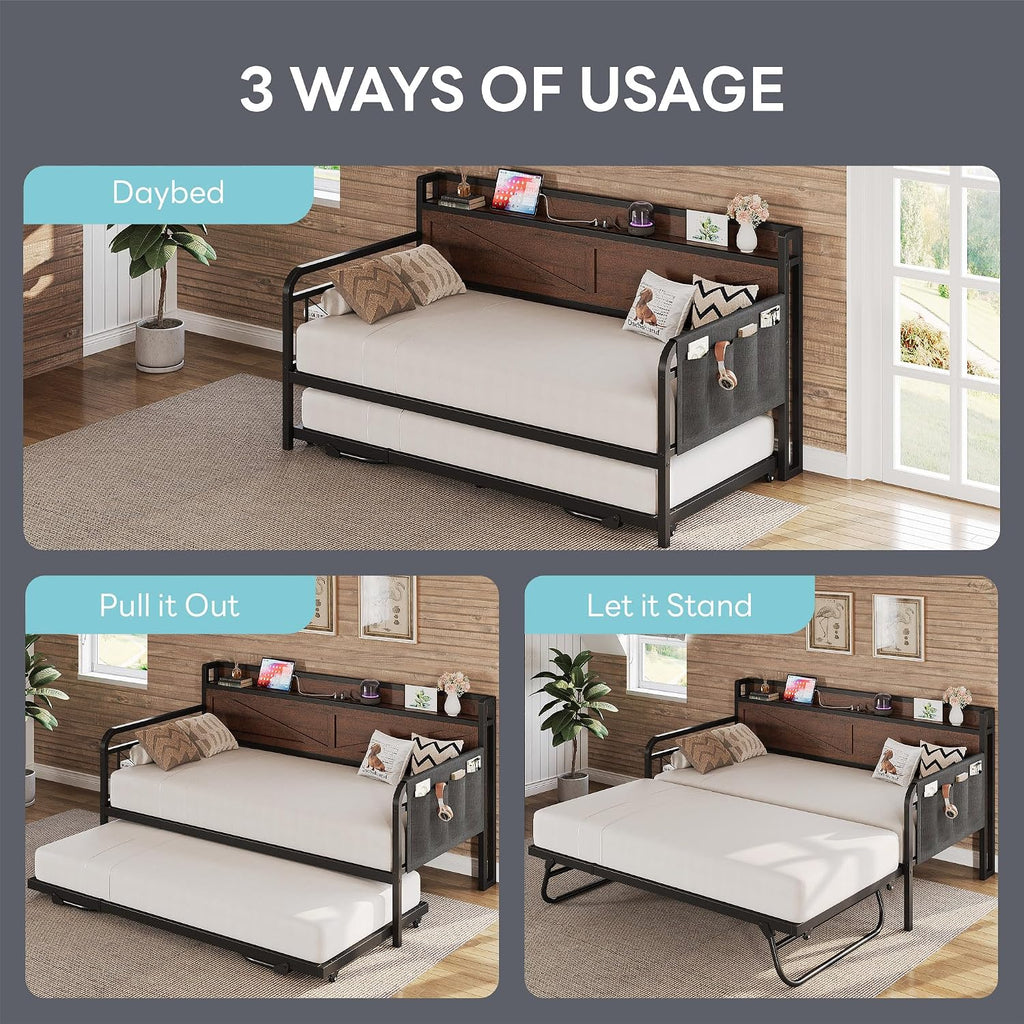 Twin Daybed with Pop Up Trundle & Charging Station & Storage Shelf | Pop Up Trundle with Smooth Wheels, Strong