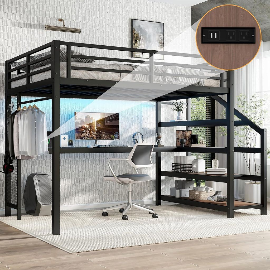 Metal Full Loft Bed with Desk and Storage Stairs,Heavy Duty Loft Bed Frame Full with LED Lights and Charging Station