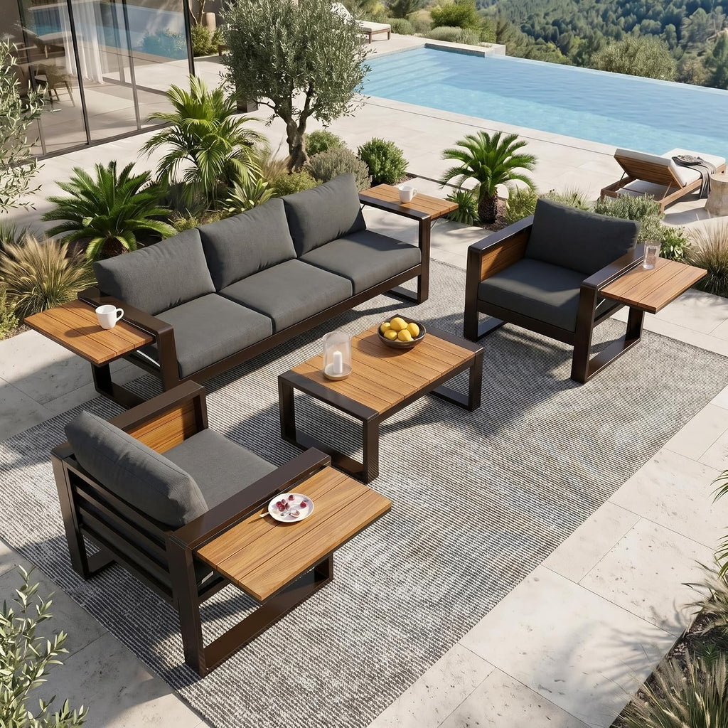 Large 4-Piece Outdoor Patio Furniture Set for 5 Person, 3-Seater Sofa, 2 Armchairs with Fold-Out Side Tables
