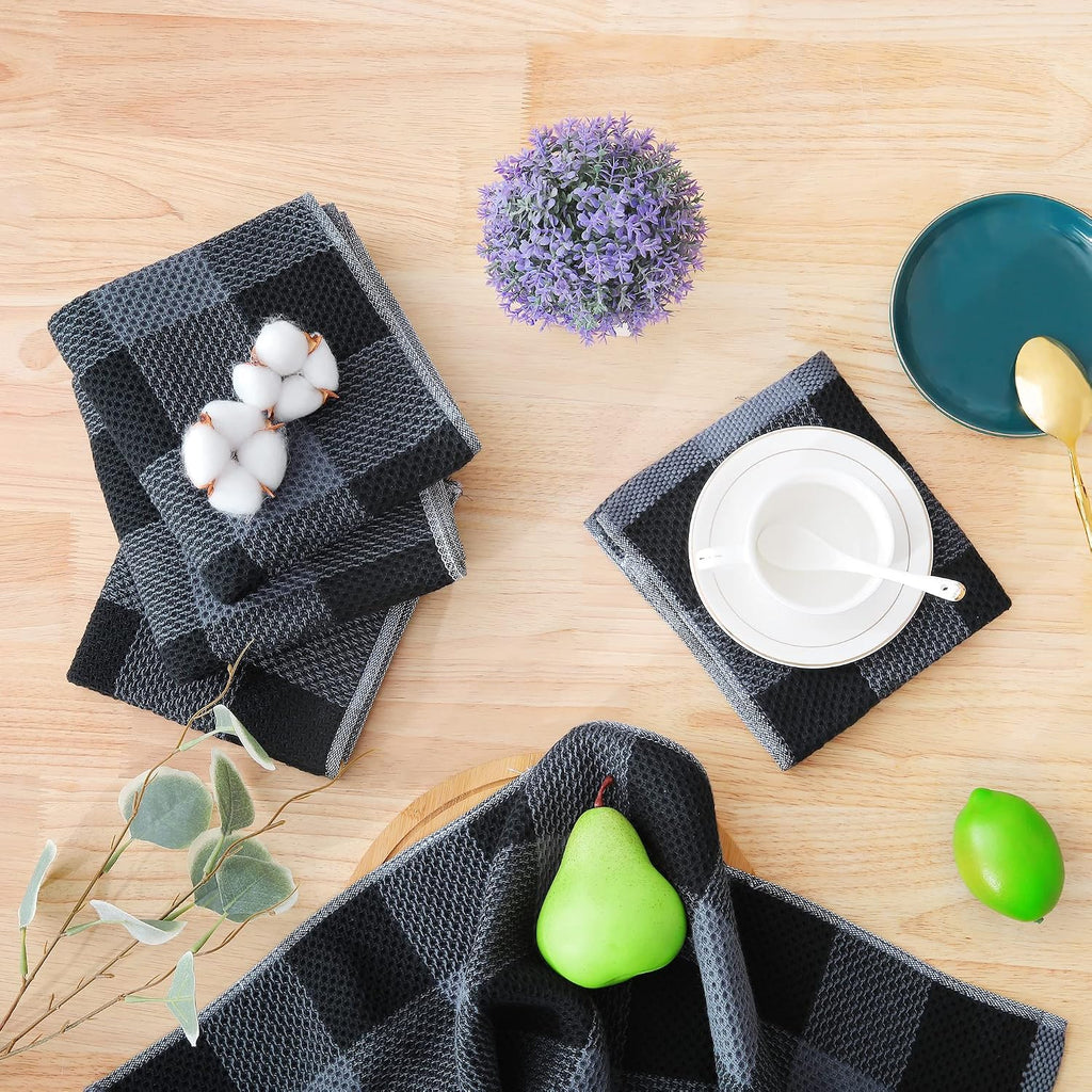 Kitchen Towels and Dishcloths Set, Set of 8, Black & Grey | Bulk Cotton Waffle Weave Check Plaid Kitchen Towels