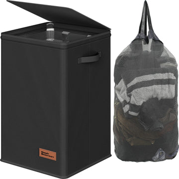 Foldable Laundry Hamper Basket with Lid and Bag, Black