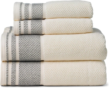 100% Organic Cotton Rice Weave Jacquard 700 GSM Luxury Bath Towel Set - 2 Large Bath Towels, 2 Hand Towels