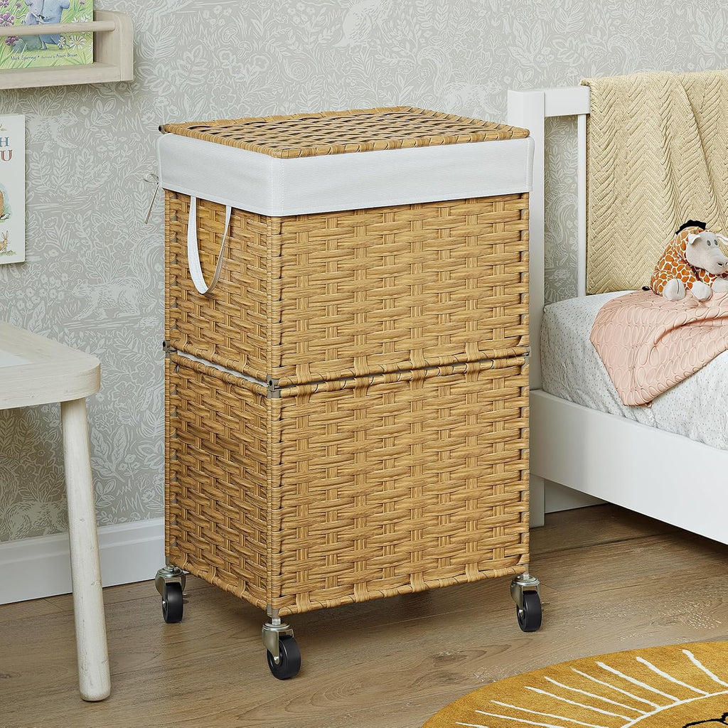 Wicker Laundry Basket with Wheels,Rolling Laundry Hamper with Lid | 90L Slim Clothes Hamper with Wheels & Removable