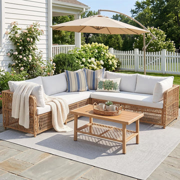 Patio Furniture Set with Waterproof Cover & Water Resistant Fabric | 6 Seats Wicker Outdoor Sectional Furniture Set