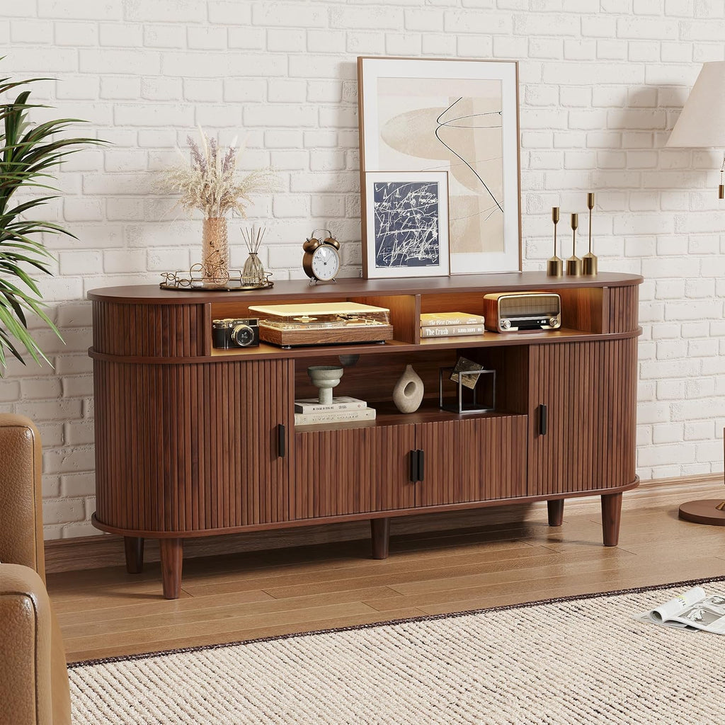 59" Fluted TV Stand with Sliding Doors, Mid Century Modern TV Stands for Tvs up to 65", Entertainment Center with Storage and Adjustable Shelves, Wood Media TV Consoles for Living Room (Walnut)