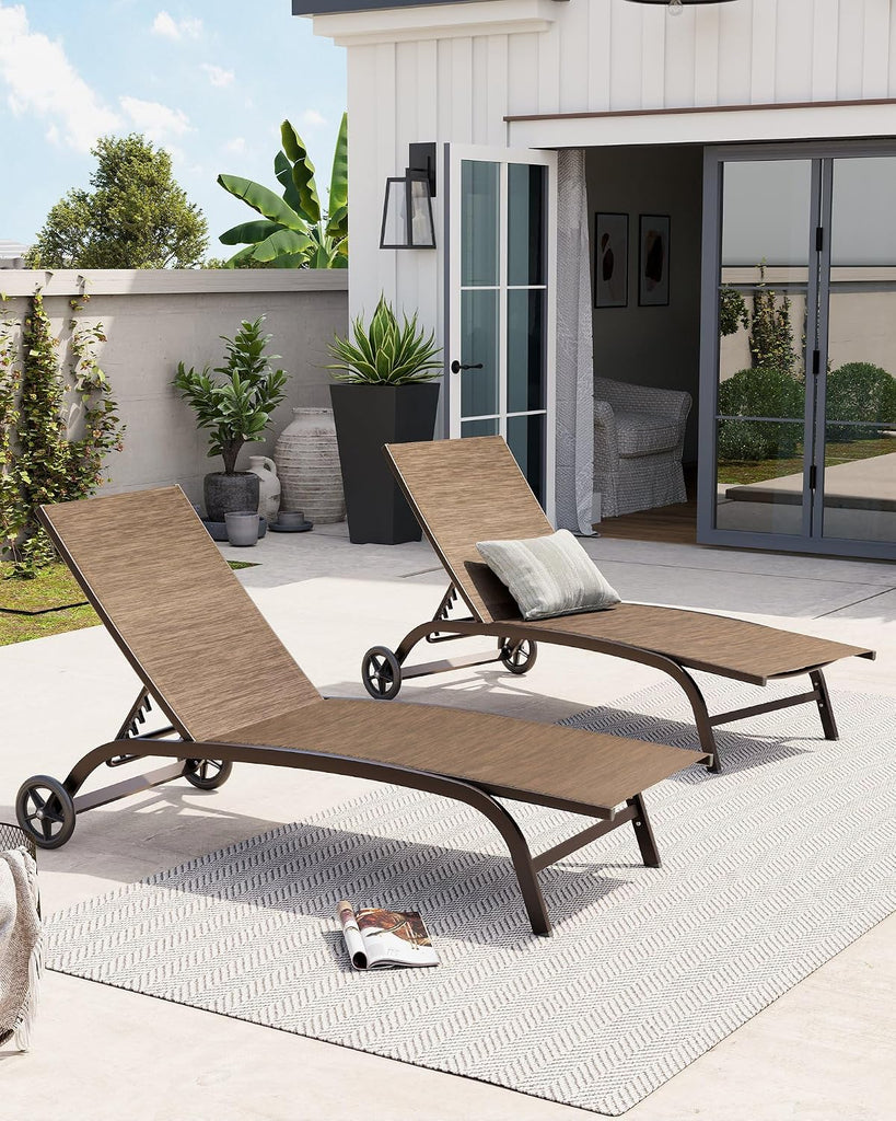 Pool Lounge Chairs with Wheels, Chaise Lounge Chairs Set of 2 (Brown) | 5-Position Adjustable Backrest, All Weather