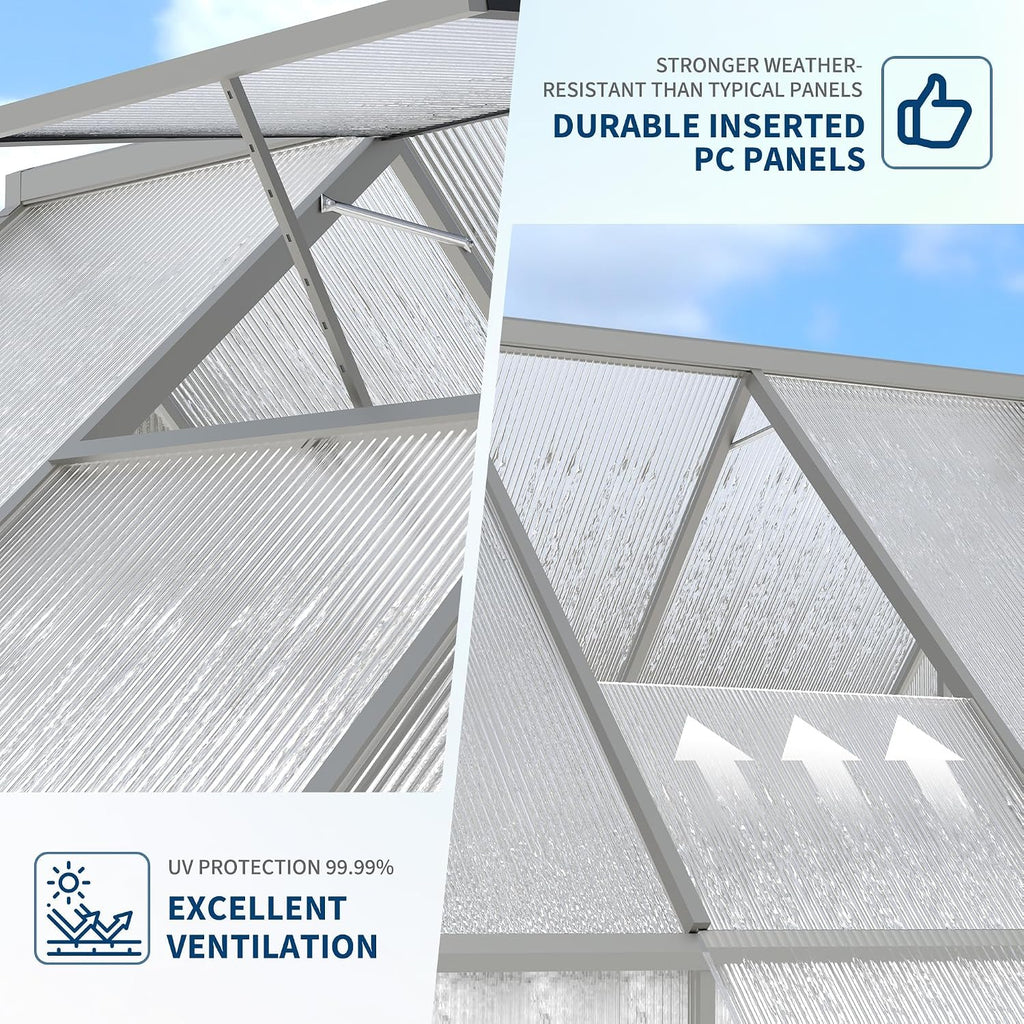 Walk-in Aluminum Greenhouse 6x4FT - Polycarbonate Panels, Heavy Duty Frame, Quick Setup, Roof Vent, Large Outdoor