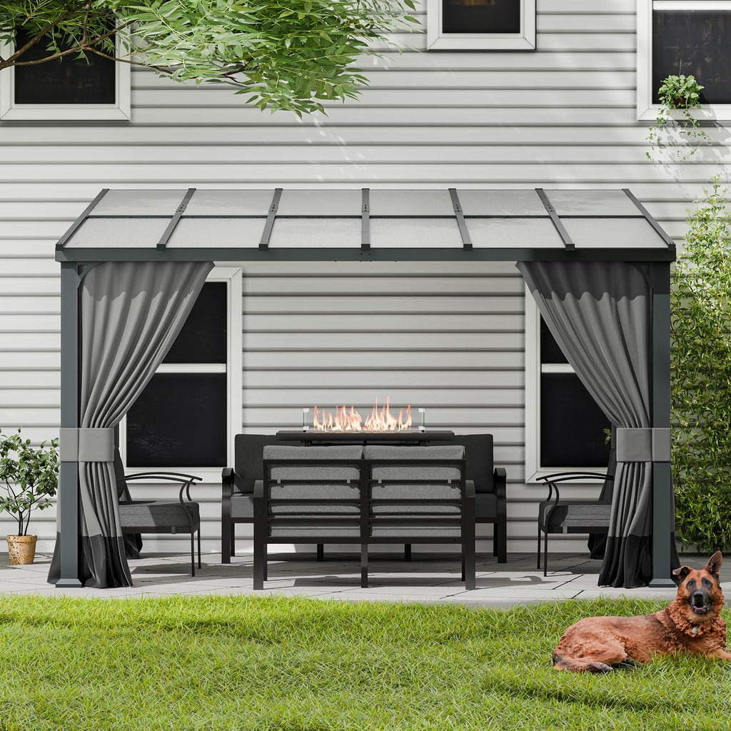 10x12FT Gazebo, Hardtop Wall Mounted Gazebo with Sloping Sun Panel Roof, Awnings with Metal Frame, Double Curtains Sand