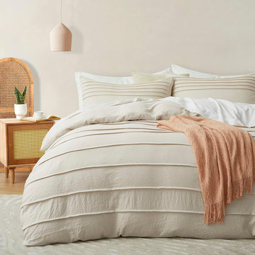 Beige Duvet Cover - Pleated Duvet Cover, 3PCS Soft and Breathable Textured Bedding Set with Zipper