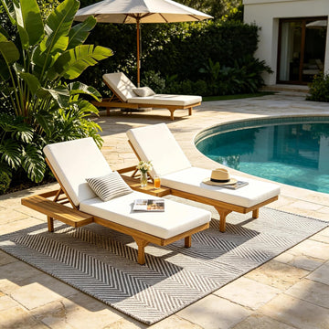 Acacia Wood Chaise Lounge Chair Set of 2, Double/Single Outdoor Sunbathing Pool Lounger with 4'' Cushion, Patio