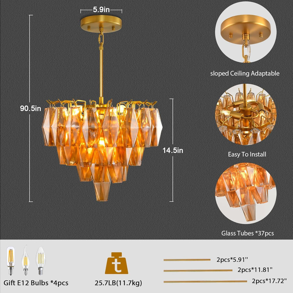Pendant Light Kitchen Island, Brass Chandeliers for Dining Room, 4-Light Gold Pendant Lighting, 17" Modern Round Chandelier for Bedroom, Tiered Amber Glass Pendant Light Fixtures For Living Room