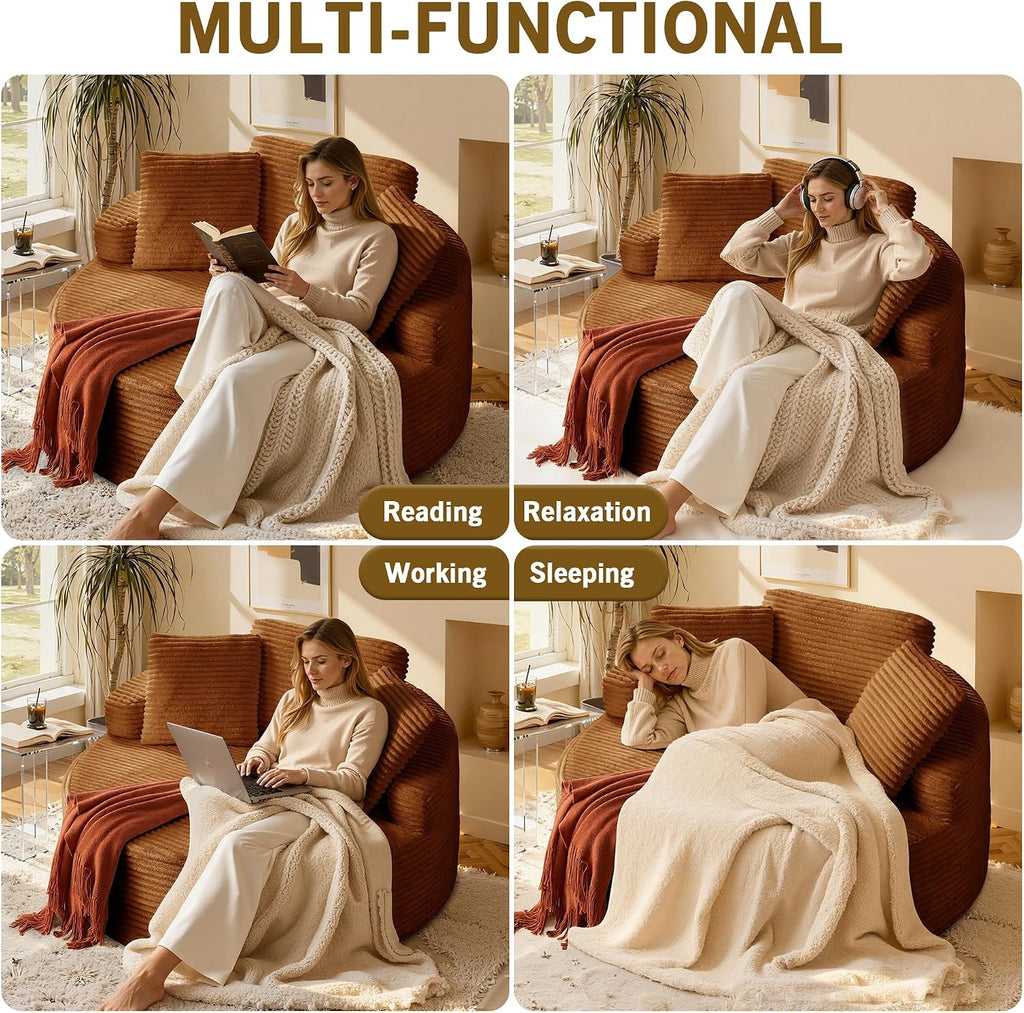Oversized Round Chaise Lounge Chair,Corduroy Cloud Large Circle Sofa Chair, No Assembly Required, Modern Sleeper