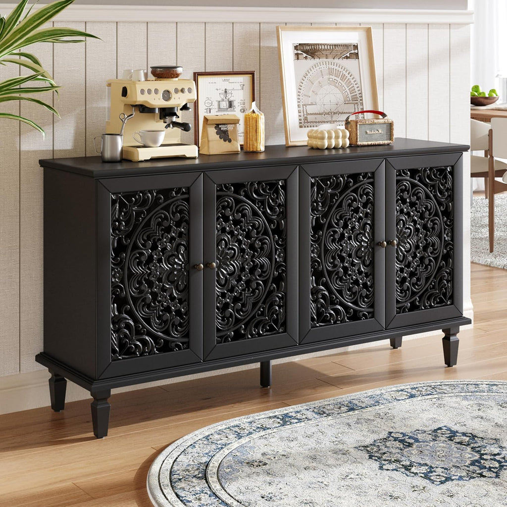 Vintage Sideboard Buffet Table Accent Credenza Storage Cabinet with 4 Hollow Carving Doors Adjustable Shelves Wood