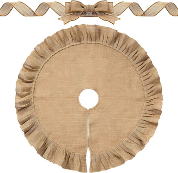47 Inch Christmas Tree Skirt Decor with Ribbon, Linen Color